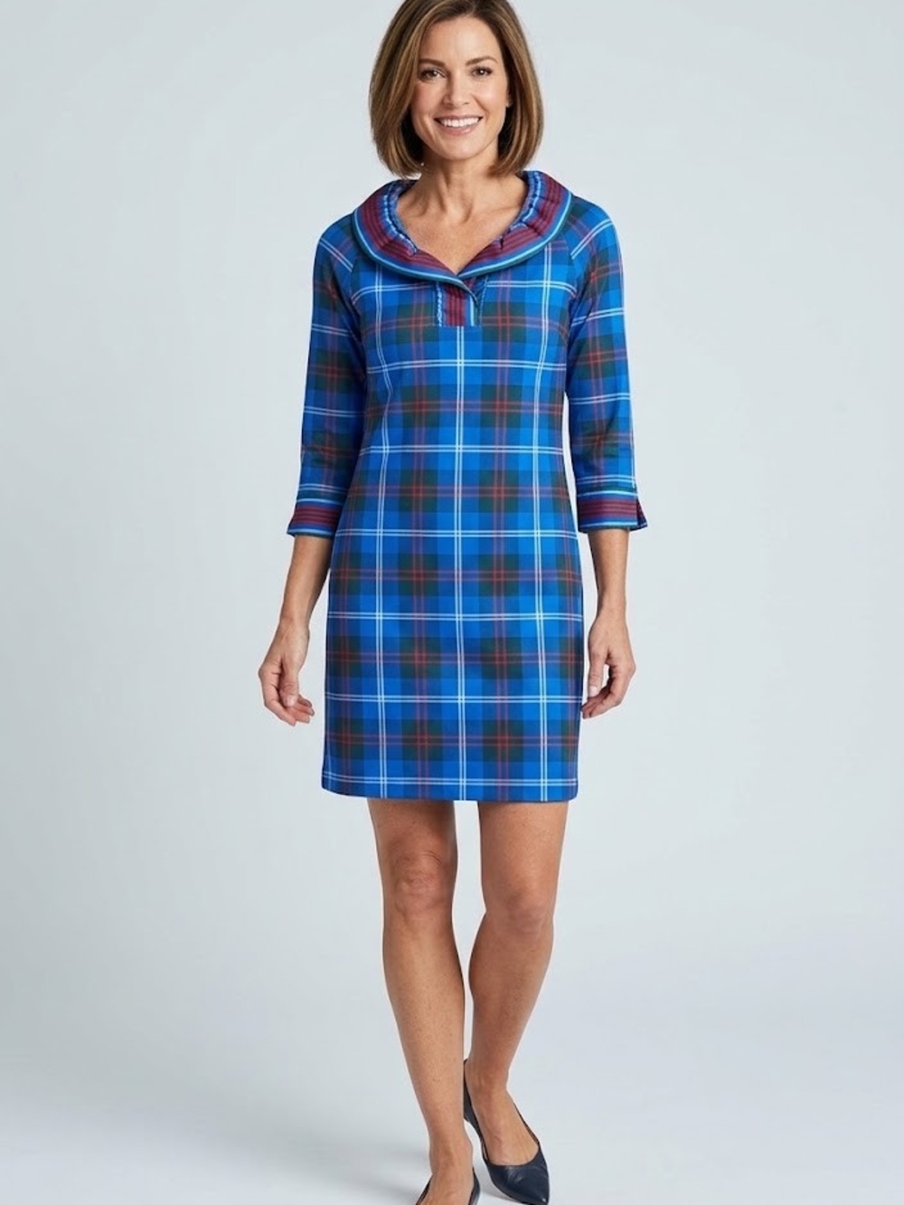 Gretchen Scott Designs Blue Plaid 3/4 Sleeve Dress